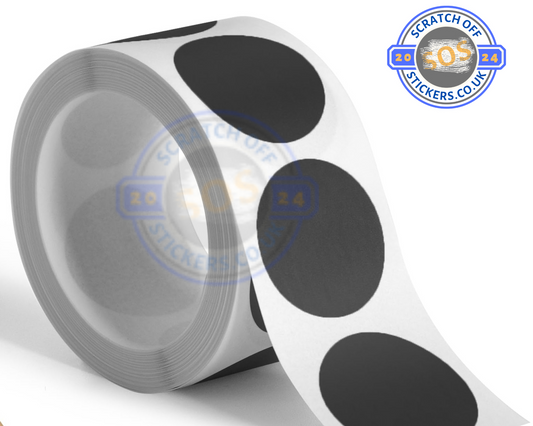 Scratch off stickers 25mm Round, Black, Blue, Gold, Red, Silver. Holographic, Football, clover