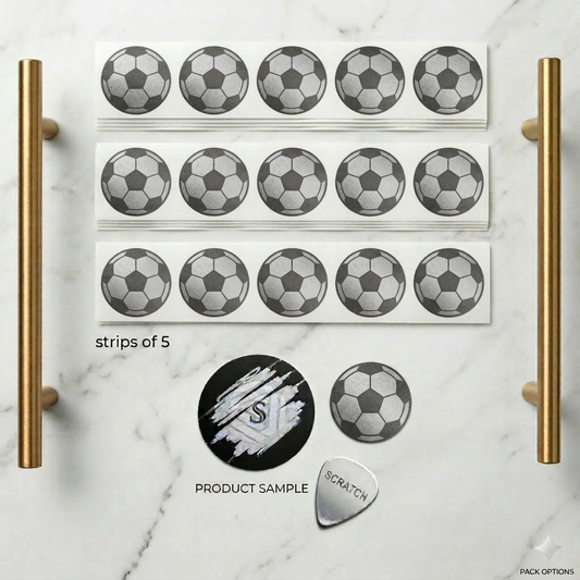 Scratch off Football Stickers 25mm / 1" Round Black / White, various quantities.