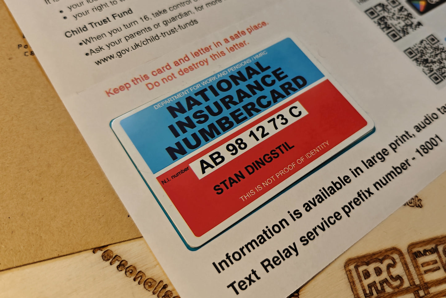 National Insurance Number Card with cover letter for 16 year olds