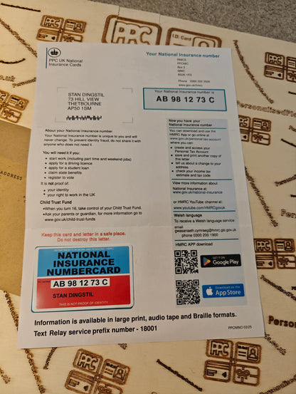 National Insurance Number Card with cover letter for 16 year olds