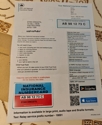 National Insurance Number Card with cover letter for 16 year olds