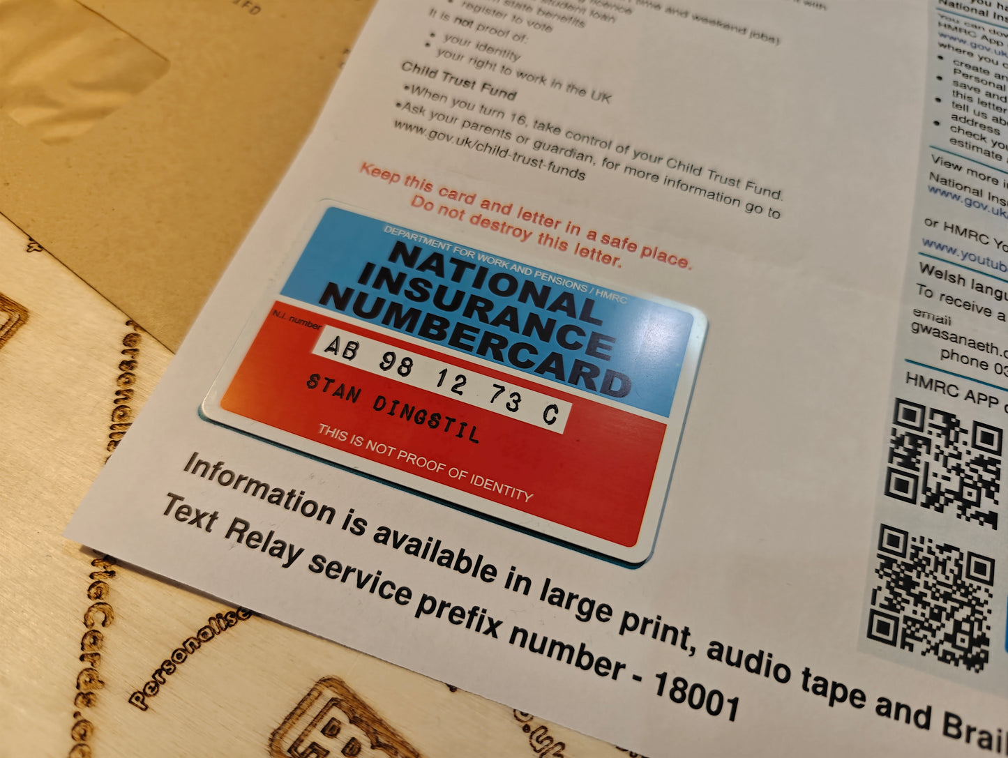 National Insurance Number Card with cover letter for 16 year olds