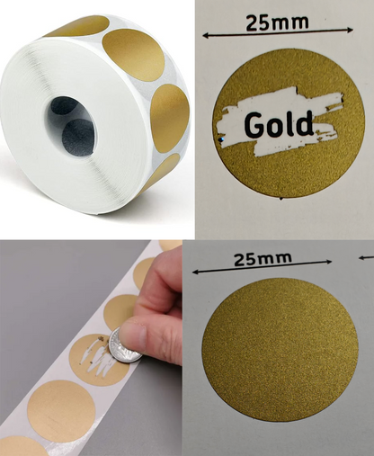Scratch off stickers 25mm Round, Black, Blue, Gold, Red, Silver. Holographic, Football, clover