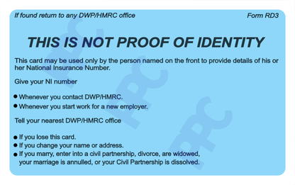 National Insurance Number Card Replacement. Printed, Lasered or Embossed