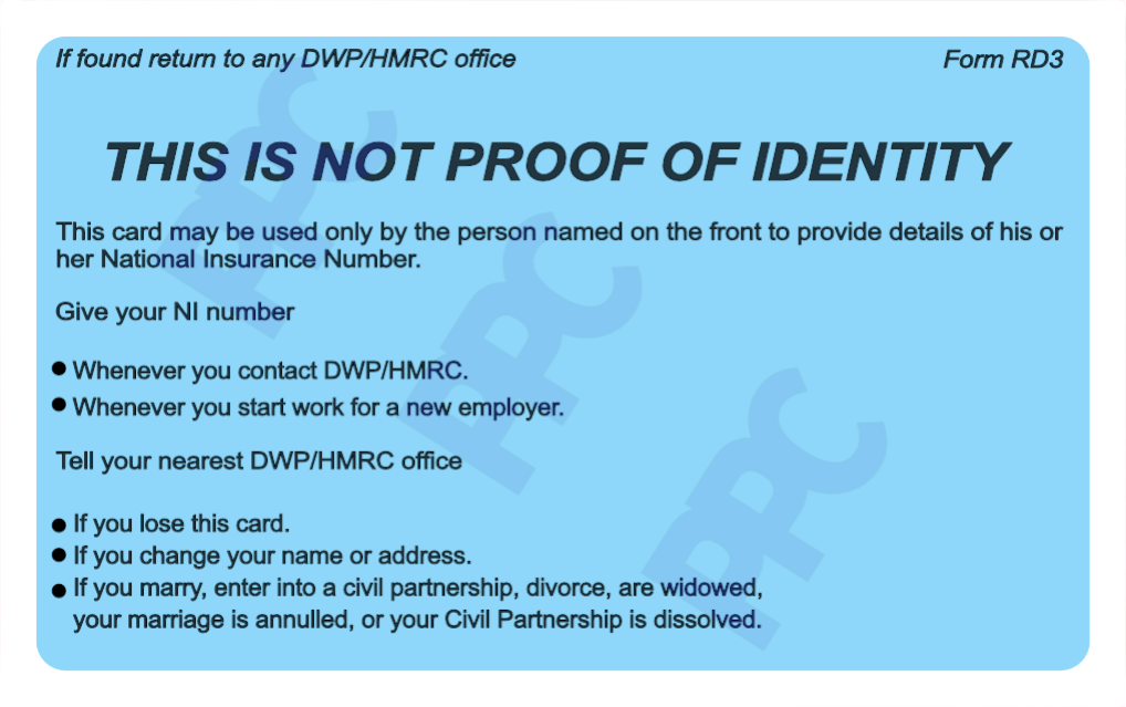 National Insurance Number Card, Embossed, Personalised Replacement.