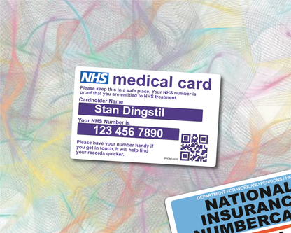 National Insurance & NHS Medical Number Card, Personalised